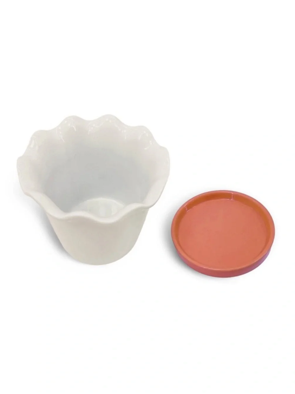 New! White Cream Scalloped Ceramic Planter with Orange Saucer, Spring 2026